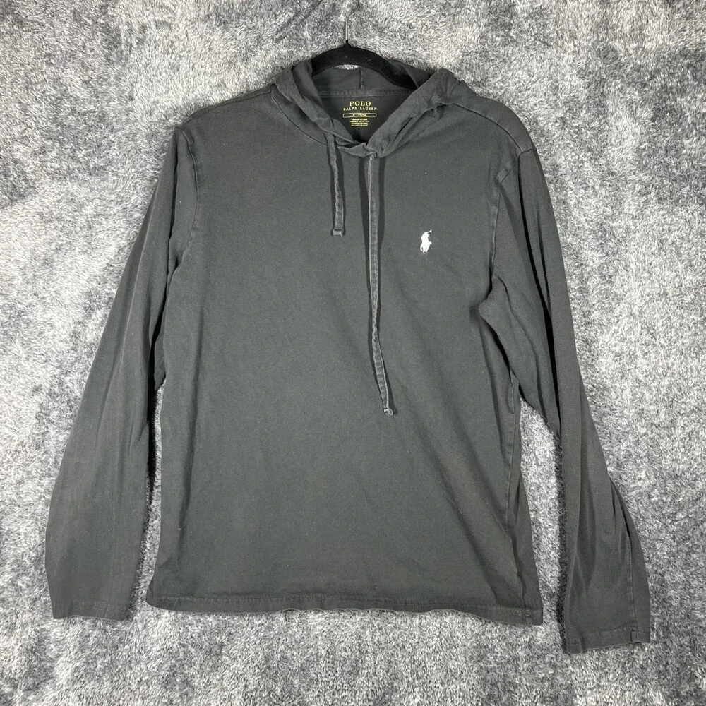 Polo Ralph Lauren Hoodie Mens Medium Black Jersey Pullover Logo Lightweight